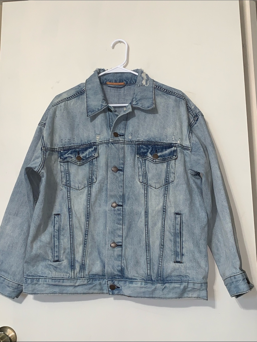 Free People Light Wash Blue Denim Distressed Jacket